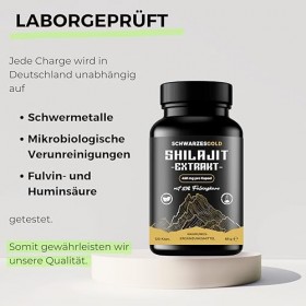 SCHWARZESGOLD® Shilajit Capsules dorigine hautement dosées – Extrait 10:1 – 83 % dacide fulvique | Mise en bouteille et tes