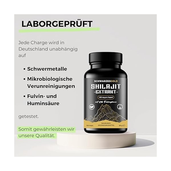 SCHWARZESGOLD® Shilajit Capsules dorigine hautement dosées – Extrait 10:1 – 83 % dacide fulvique | Mise en bouteille et tes