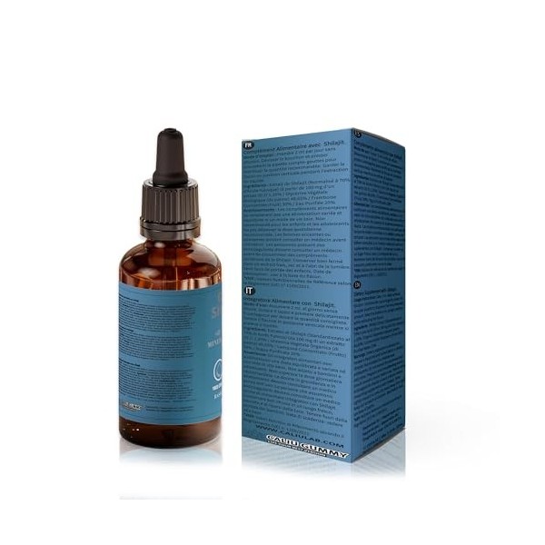 CALIU GUMMY | Gouttes de Shilajit Pur 70% Acide Fulvique | 100 ml | +85 Minéraux Naturels | Complément Alimentaire Énergie, V