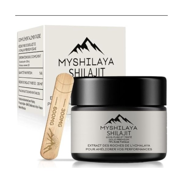 Myshilaya Shilajit -75% Acide Fulvique - Résine de Shilajit de l’Himalaya 30g - Qualité Or avec Doseur en Bois - Naturel Rich