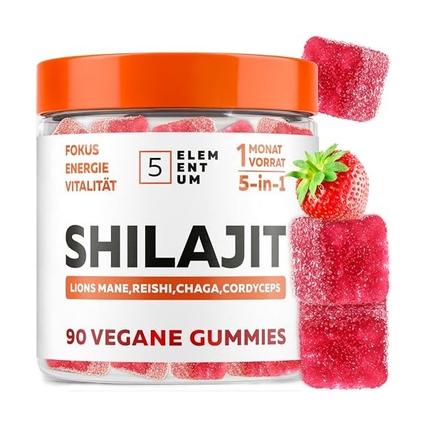 Gommes Shilajit Fraise – 2200 mg – Avec Lion’s Mane, Reishi, Chaga, Cordyceps – 90 pièces Shilajit