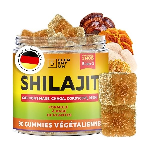 Gommes Shilajit Fraise – 2200 mg – Avec Lion’s Mane, Reishi, Chaga, Cordyceps – 90 pièces Shilajit