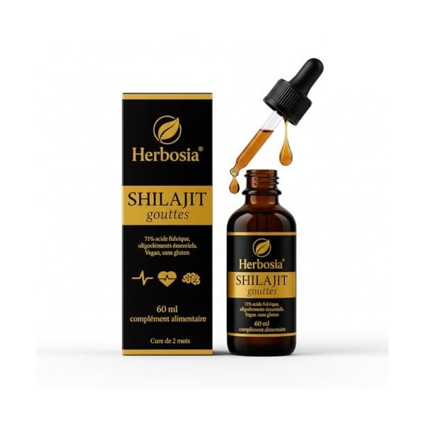 HERBOSIA Shilajit Gouttes 60 ml – Complément Alimentaire Liquide, Résine Himalayenne 100 % Pure, Riche en Acides Fulviques, V