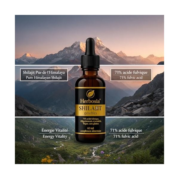 HERBOSIA Shilajit Gouttes 60 ml – Complément Alimentaire Liquide, Résine Himalayenne 100 % Pure, Riche en Acides Fulviques, V