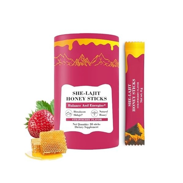 Shilajit Lot de 30 bâtonnets de miel pour femme, bâtonnets de miel à la fraise, stimulateur dénergie naturelle et de vitalit