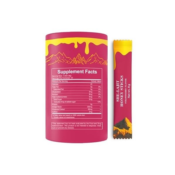 Shilajit Lot de 30 bâtonnets de miel pour femme, bâtonnets de miel à la fraise, stimulateur dénergie naturelle et de vitalit