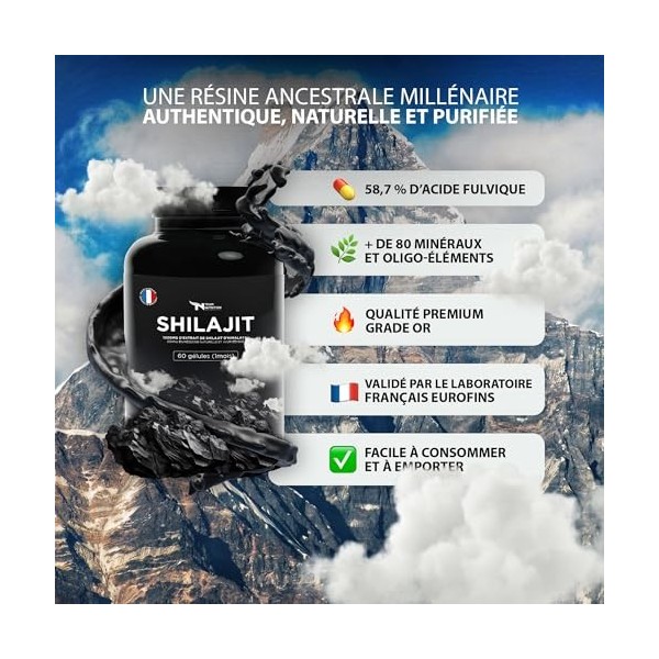 Shilajit Pur de l’Himalaya | Capsules Vegan 1000 mg | Résine Grade Or riche en acide fulvique | Énergie, Vitalité & Bien-être