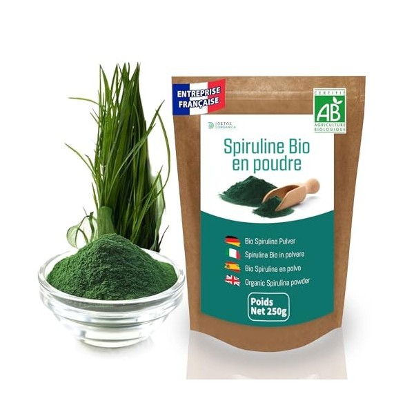 DETOX ORGANICA - Spiruline Poudre Bio - 250g de Poudre Naturelle - Riche en Protéines, Antioxydants, Fer et Phycocyanine - 10...