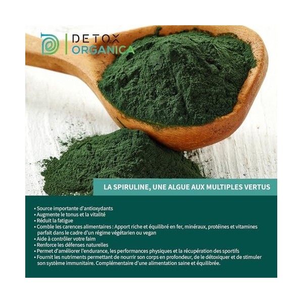 DETOX ORGANICA - Spiruline Poudre Bio - 250g de Poudre Naturelle - Riche en Protéines, Antioxydants, Fer et Phycocyanine - 10...