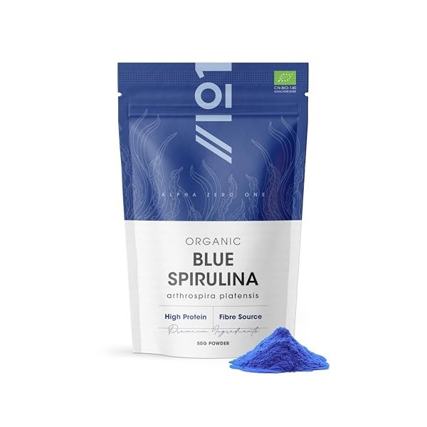 Poudre de spiruline bleue biologique 50 g – Phycocyanine 100 % naturelle pour smoothies – Colorant et ingrédient alimentaire 