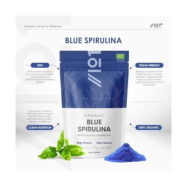 Poudre de spiruline bleue biologique 50 g – Phycocyanine 100 % naturelle pour smoothies – Colorant et ingrédient alimentaire 