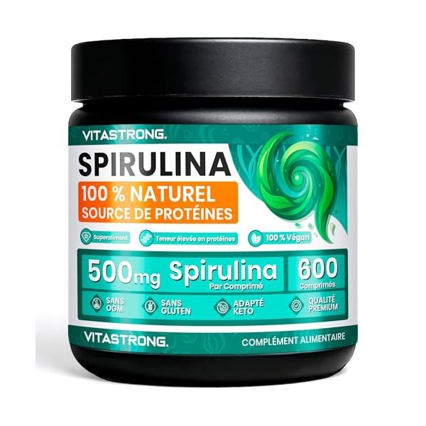 Spiruline 600 Comprimés, 500mg, 10 Mois de Cure, Spirulina Platensis Pure, Riche en Protéines Végétales Fer Vitamines, Sans O