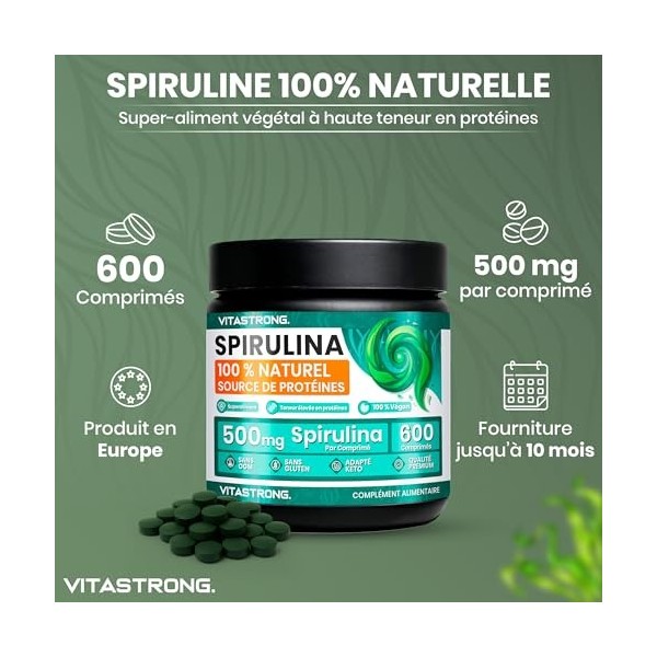 Spiruline 600 Comprimés, 500mg, 10 Mois de Cure, Spirulina Platensis Pure, Riche en Protéines Végétales Fer Vitamines, Sans O