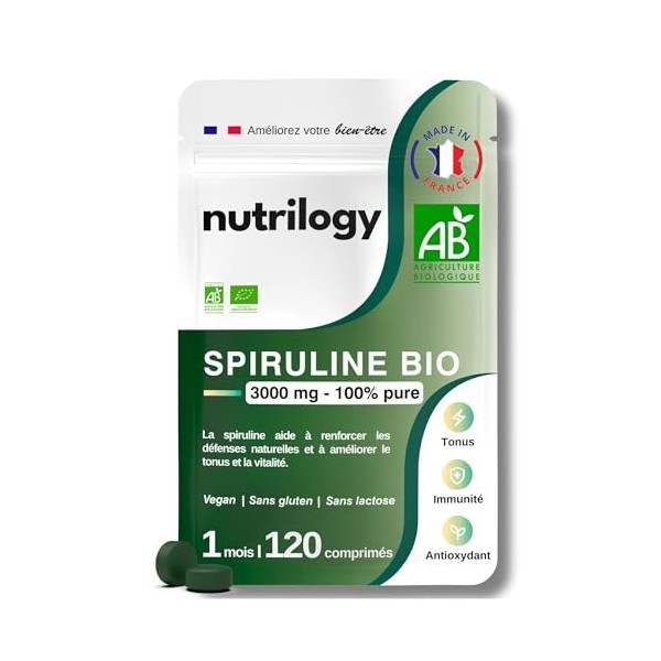 Spiruline Bio 3000mg 100% Pure & sans métaux lourds | Immunité, Tonus & Antioxydant | 1 mois - 120 comprimés | Riche en Fer &