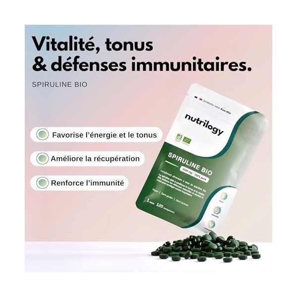 Spiruline Bio 3000mg 100% Pure & sans métaux lourds | Immunité, Tonus & Antioxydant | 1 mois - 120 comprimés | Riche en Fer &