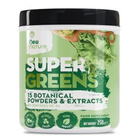 New Nature Super Greens Poudre 250g - Mélange de 15 superaliments - Vegan, Sans Sucre, Sans Additifs - 50 Portions - Fabriqué
