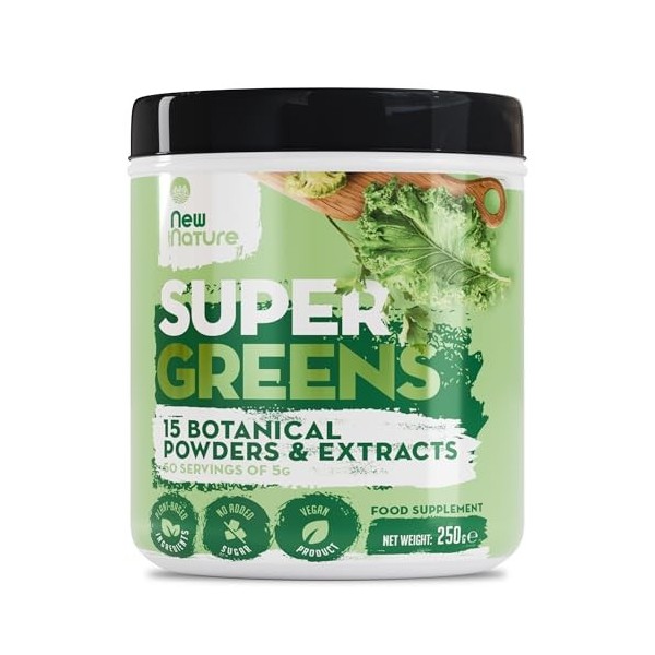 New Nature Super Greens Poudre 250g - Mélange de 15 superaliments - Vegan, Sans Sucre, Sans Additifs - 50 Portions - Fabriqué