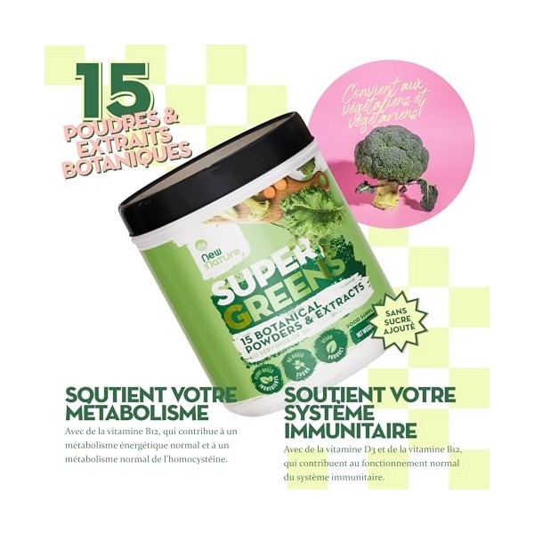 New Nature Super Greens Poudre 250g - Mélange de 15 superaliments - Vegan, Sans Sucre, Sans Additifs - 50 Portions - Fabriqué