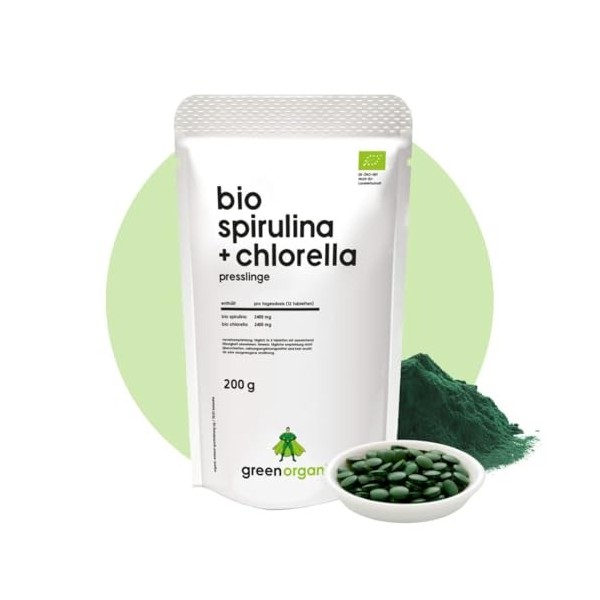 Spiruline bio + Chlorelle – 400 comprimés 200 g – 500 mg par comprimé – Plantensis et algues Vulgaris – Hautement dosés – Pre