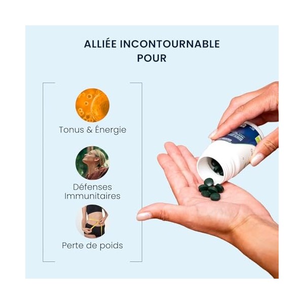 Spiruline Bio Française - 25% Phycocyanine - 500 mg / 200 comprimés - Superaliment riche en protéines végétales - Séchage à f...