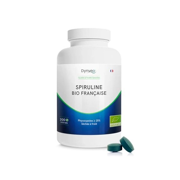 Spiruline Bio Française - 25% Phycocyanine - 500 mg / 200 comprimés - Superaliment riche en protéines végétales - Séchage à f...