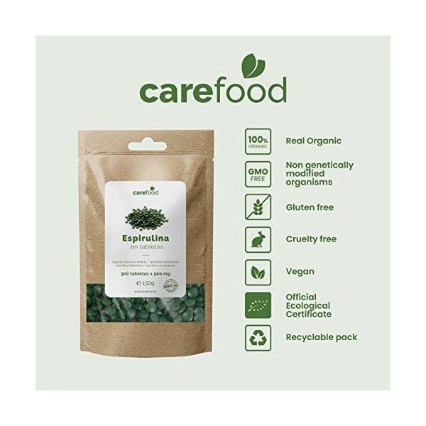 Carefood - Spiruline Bio Comprimés - 300 Comprimés de Spiruline Bio - Produit pour Maigrir Rapidement Efficacement - Spirulin