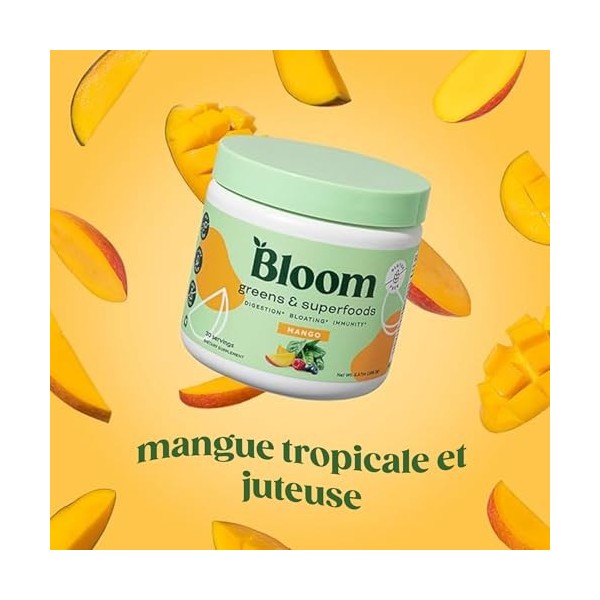 Bloom Superfood Powder Women - mangue - Avec probiotiques, enzymes, spiruline, chlorella - Favorise la santé intestinale, la ...