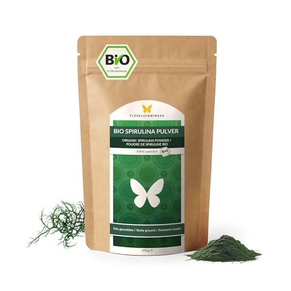 500 g de poudre de spiruline BIO, 100% naturelle, contrôlée quant aux résidus, cultivée et fabriquée selon la norme bio de l’
