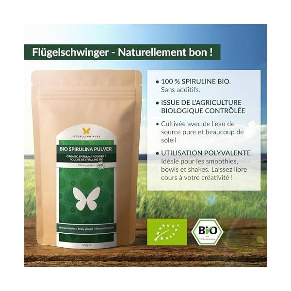 500 g de poudre de spiruline BIO, 100% naturelle, contrôlée quant aux résidus, cultivée et fabriquée selon la norme bio de l’
