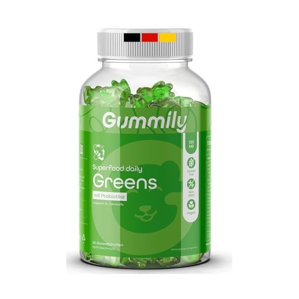 Gummily® Superaliments verts premium à la spiruline et au moringa – Mélange de superaliments verts et de probiotiques 100 mg
