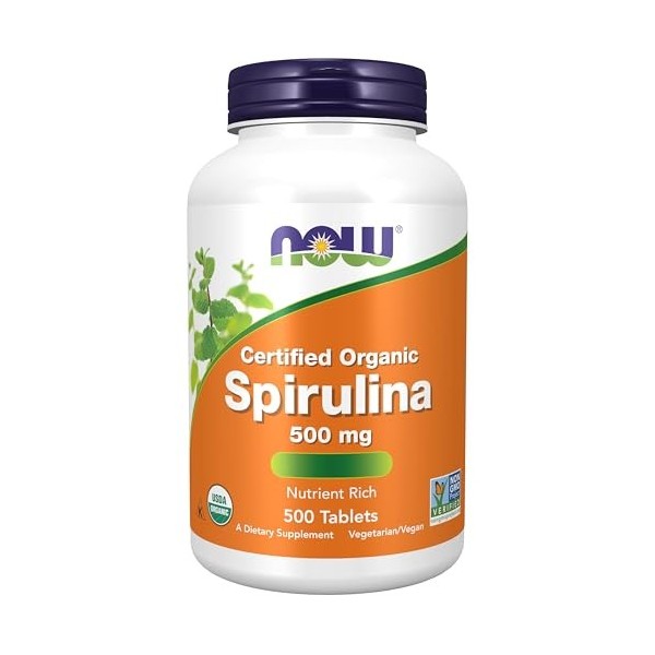 Now Foods, Certified Organic Spirulina Spiruline Certifiée Biologique , 500mg, 500 Comprimés végétaliens, Testé en Laboratoi