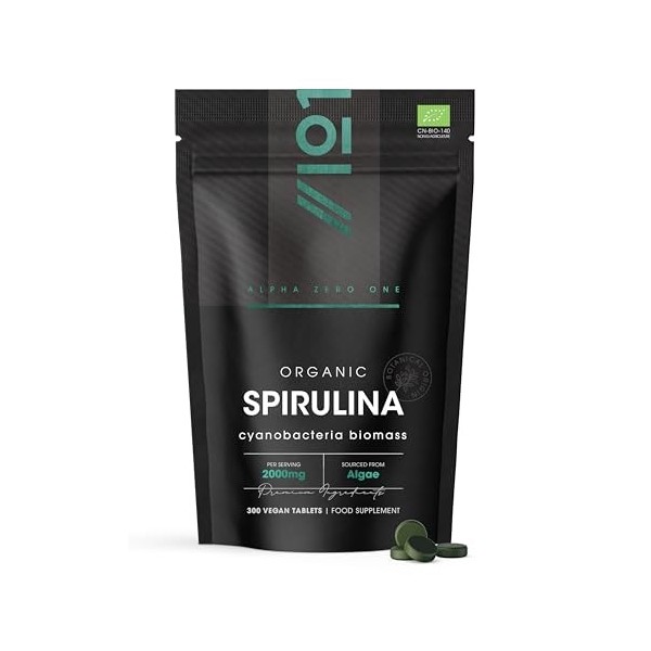 Spiruline Bio 2000mg – 300 Comprimés Véganes – Pressée à Froid Sans Additifs – Pochette Refermable et Recyclable – par Alpha0