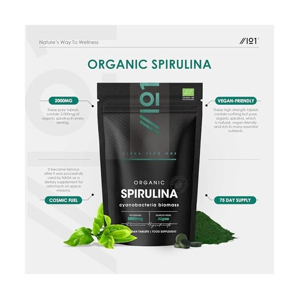 Spiruline Bio 2000mg – 300 Comprimés Véganes – Pressée à Froid Sans Additifs – Pochette Refermable et Recyclable – par Alpha0