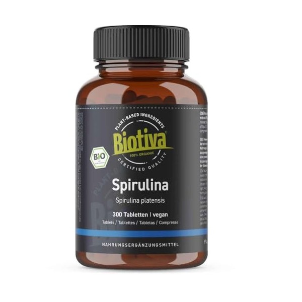 Biotiva Spiruline bio 300 comprimés de 500mg - Qualité bio premium - Comprimés hautement dosés - Algue arthrospira platensis 