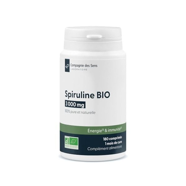 Spiruline BIO Spirulina platensis – 3000 mg/jour 6 comprimés – 180 comprimés – 100% pure et naturelle – Sans additif – Vé Spi...