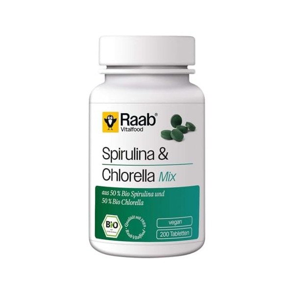RAABVITALFOOD ALGA SPIRULINA+CHLORELLA 440mg 200 comp – comprimés faciles à intégrer à la routine quotidienne, boîte de 200 c