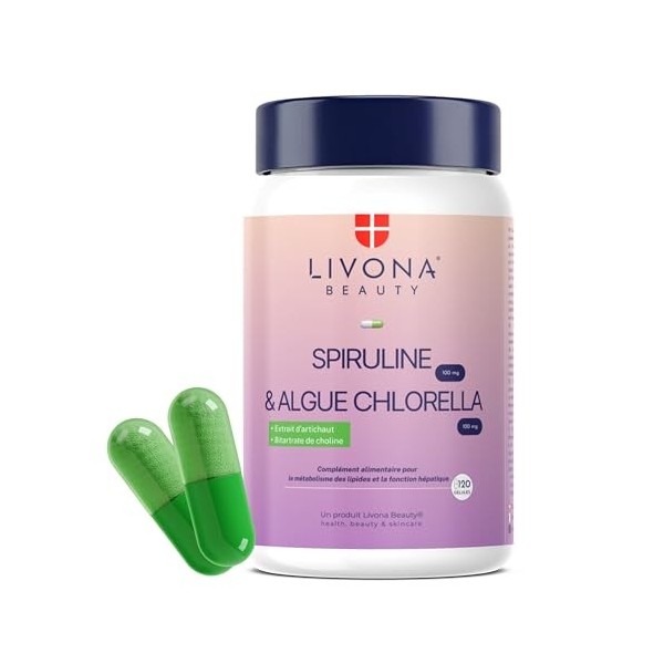 LIVONA BEAUTY Complexe DETOX 120 gélules : Spiruline 100 mg + Algue Chlorella 100mg + Calcium + Artichaut + Choline - Complém