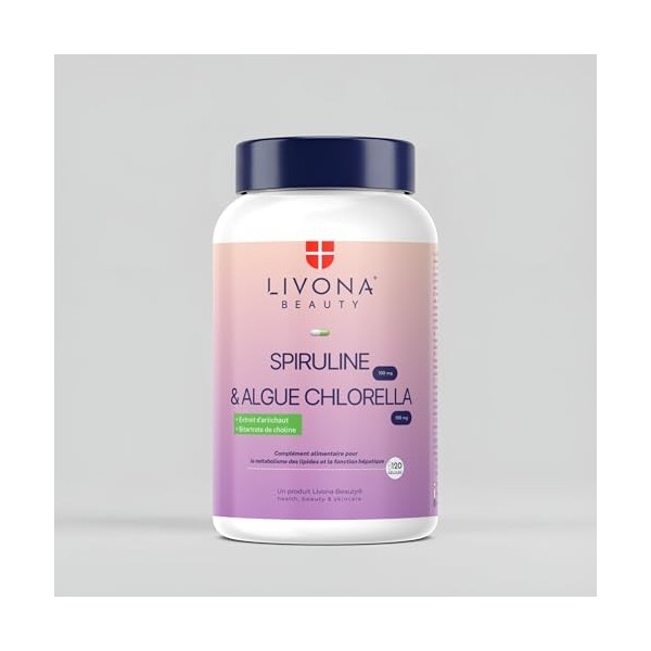 LIVONA BEAUTY Complexe DETOX 120 gélules : Spiruline 100 mg + Algue Chlorella 100mg + Calcium + Artichaut + Choline - Complém