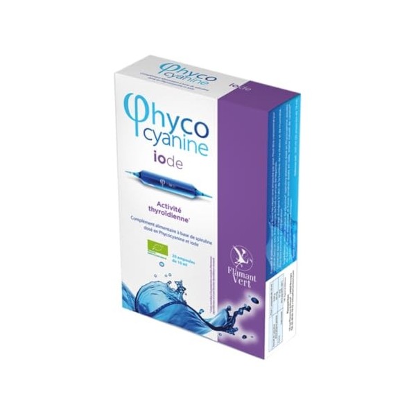 Phycocyanine + iode Extrait liquide de Spiruline BIO et fucus BIO 20 ampoules de 10ml Flamant Vert