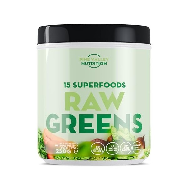 Raw Greens – Poudre Super Greens 250g - 50 Portions - Mélange de 15 Superaliments Verts - Spiruline, Thé Vert, Chlorelle - Ve