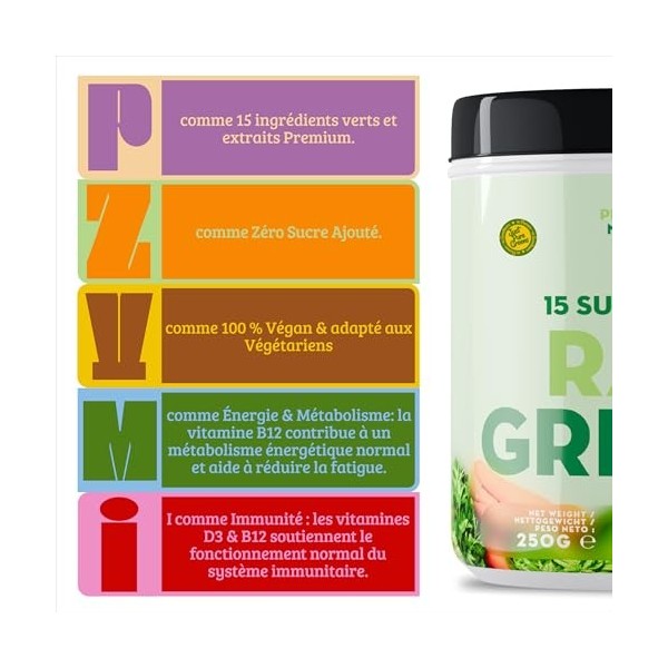 Raw Greens – Poudre Super Greens 250g - 50 Portions - Mélange de 15 Superaliments Verts - Spiruline, Thé Vert, Chlorelle - Ve
