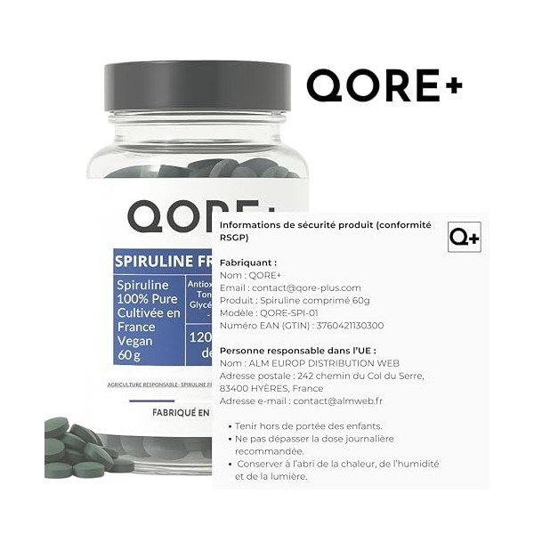 Spiruline Française en Comprimés 60g – Vitalité, Immunité, Fer, Protéines – 20% Phycocyanine – Énergie Naturelle – Séchage à 