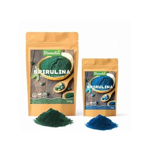 Biomatea Lot de poudre dalgues | 30 g de spiruline bleue + 100 g de spiruline verte | Super aliment phycocyanine soluble dan