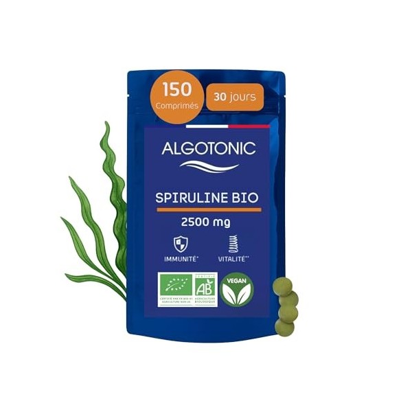 Algotonic - Spiruline BIO 100% PURE - 2500 mg par jour - 150 comprimés - Cure de 30 jours - Phycocyanine - Protéines, Vitamin
