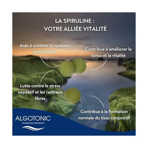 Algotonic - Spiruline BIO 100% PURE - 2500 mg par jour - 150 comprimés - Cure de 30 jours - Phycocyanine - Protéines, Vitamin