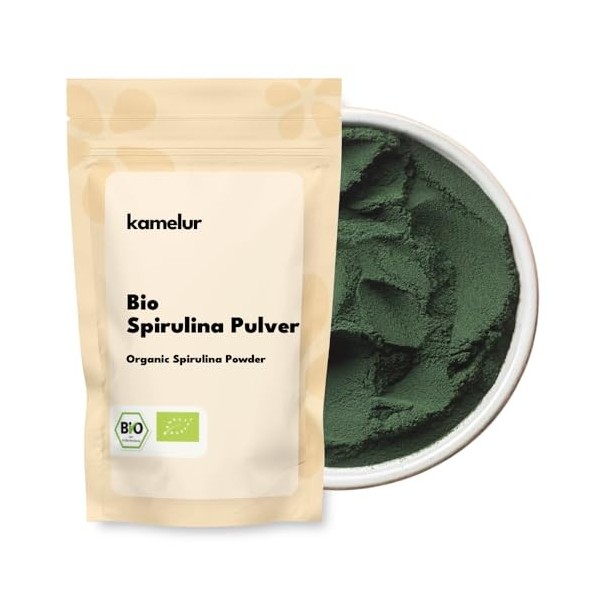 Kamelur Spiruline bio en poudre verte 500 g – Algues biologiques séchées et finement moulues – Poudre dalgues spiruline issu