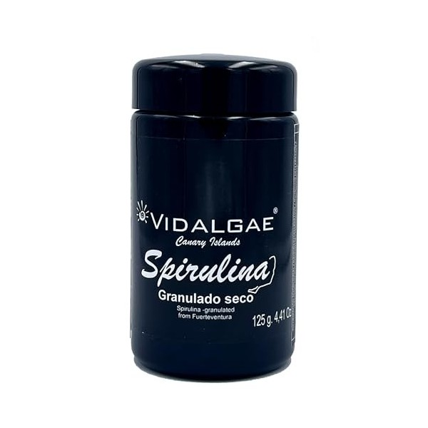 Granulés de spiruline bio de Fuerteventura 125 g, granulés dans un verre UV biophotonique Spiruline
