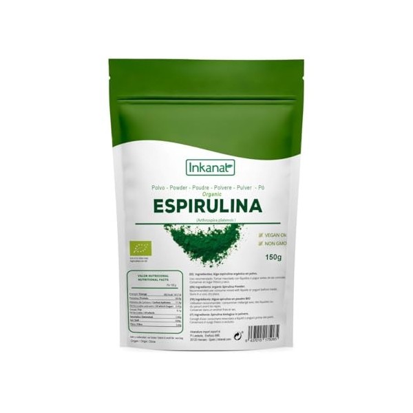 Spiruline en poudre bio 150 g INKANAT - Algue spiruline pure, protéine végétalienne, rassasiante - Contrôle de lappétit.