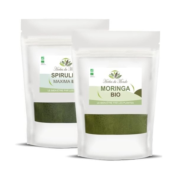 Herbes du Monde - Duo Sportif BIO - Spiruline BIO et Moringa BIO - Poudre Alimentaire Organic - Riche en Protéine pour faire 