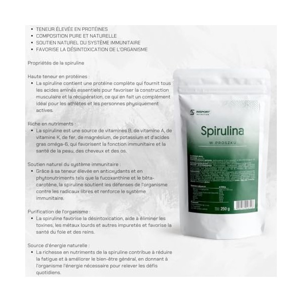 Poudre de spiruline - 250 g - Poudre verte pour renforcer le système immunitaire - Végétalien, sans lactose et sans gluten, s